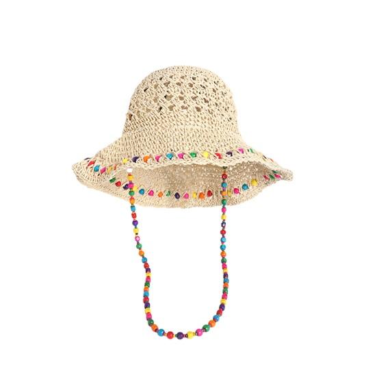 Straw Hat Large Brim Sun Protection Wide Brim Beach Hat with Ethnic Beads Chain Decoration Hollow Breathable Basin Hat