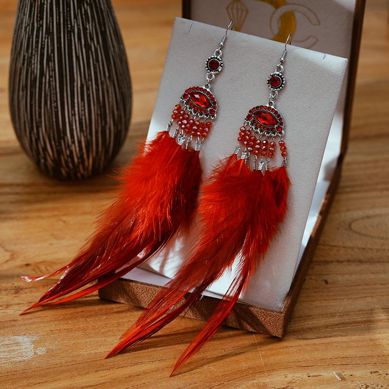 Long Exaggerated Irregular Feather Earrings for Women Bohemian Silver Hollow Rice Bead Tassel Earrings Pendientes