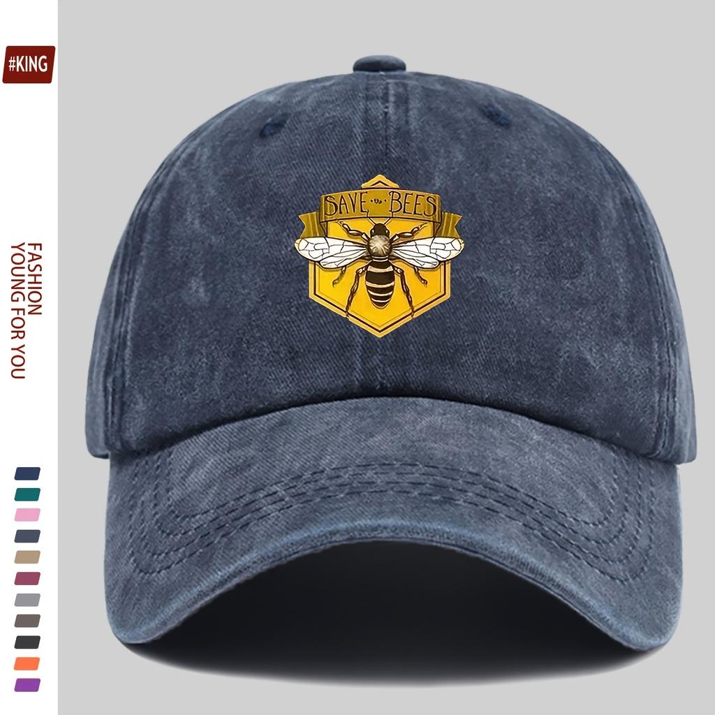 Retro bee patterned printed baseball cap with adjustable breathability and sun protection for street skateboarding couples