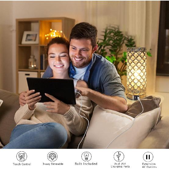 Modern Crystal Table Lamp, 3 Way Dimmable Touch Control Desk Lamp Wireless Charging, Dual USB Nightstand Lamps, Modern Bedside LED Lamp for Bedroom,