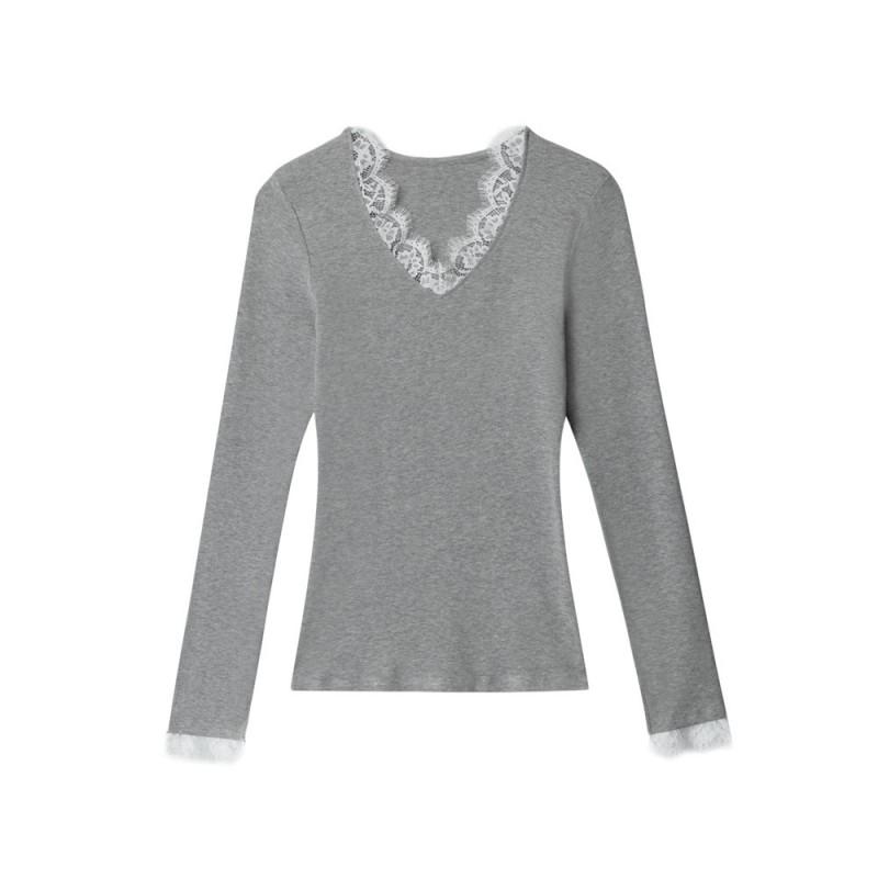 HeyHenry Womens Lace Trim V Neck Long Sleeve T Shirt Slim Fit Base Layer Top Fall