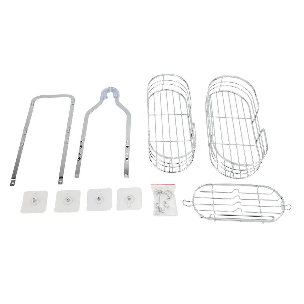 Duschkorb Hängend Über Kopf Eisen Badezimmer Organizer Regale mit Seifenhalter 2 Haken für Handtücher Schwamm Silber