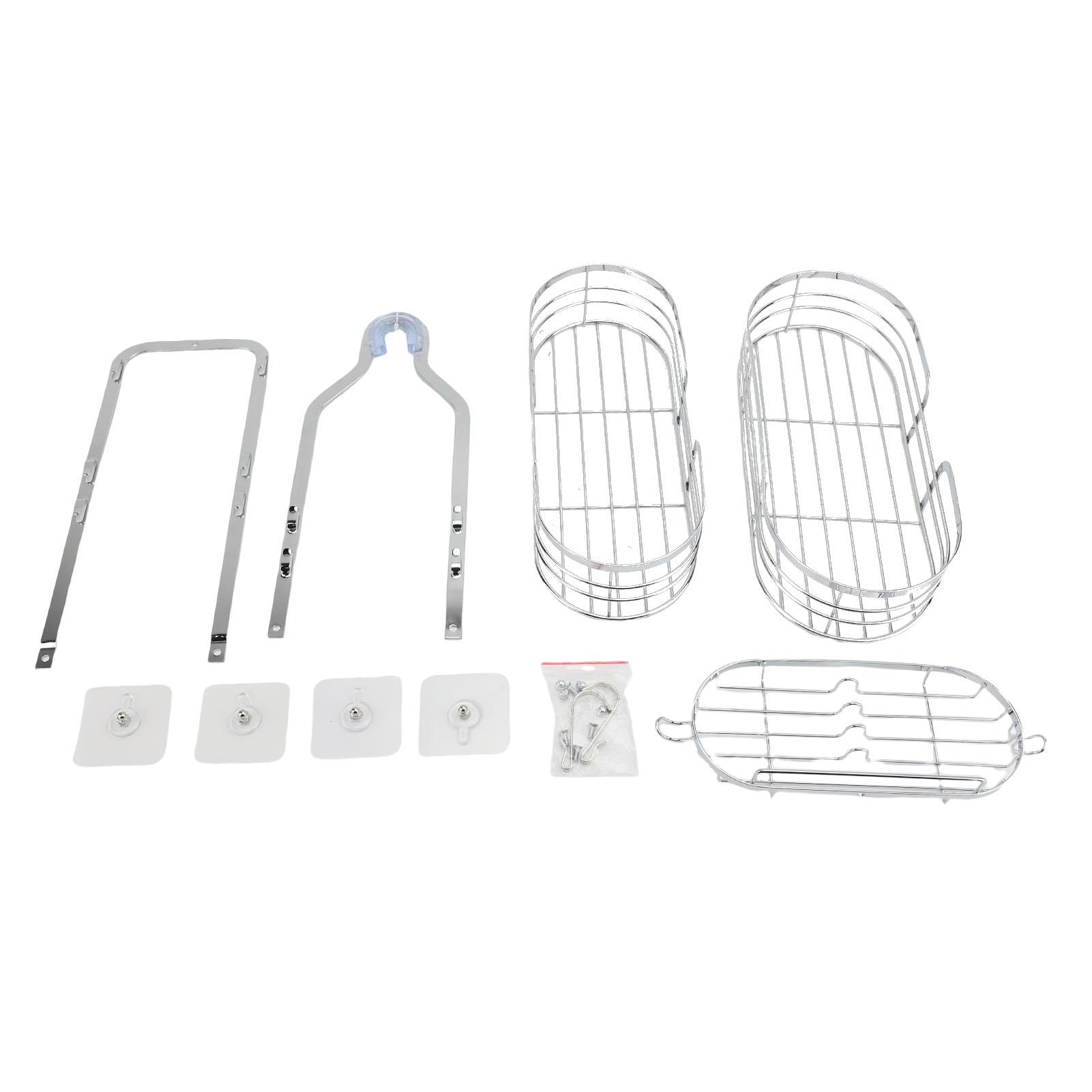 Shower Caddy Hanging Over Head Iron Bathroom Organizer Shelves with Soap Holder 2 Hooks for Towels Sponge Silver