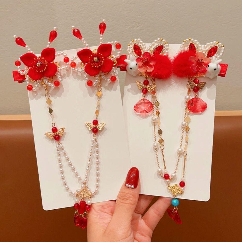 Princess Chinese Style Red Barrettes Hanfu Headwear Ancient Style Hair Clip  Kids