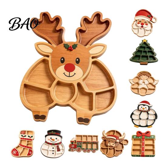 Creative Holiday Gifts for Friends Christmas Tree Serving Platter, Wooden Snack Tray Parties, Multi-Compartment Food Display Elk Design Dessert Plate
