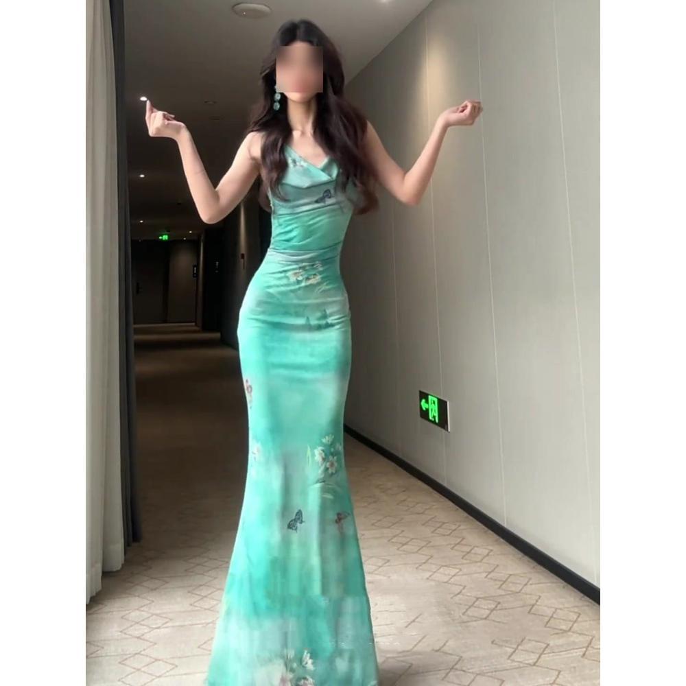 French green print swing neck suspender dress women's summer seaside vacation beautiful slim fish tail hip wrap dress