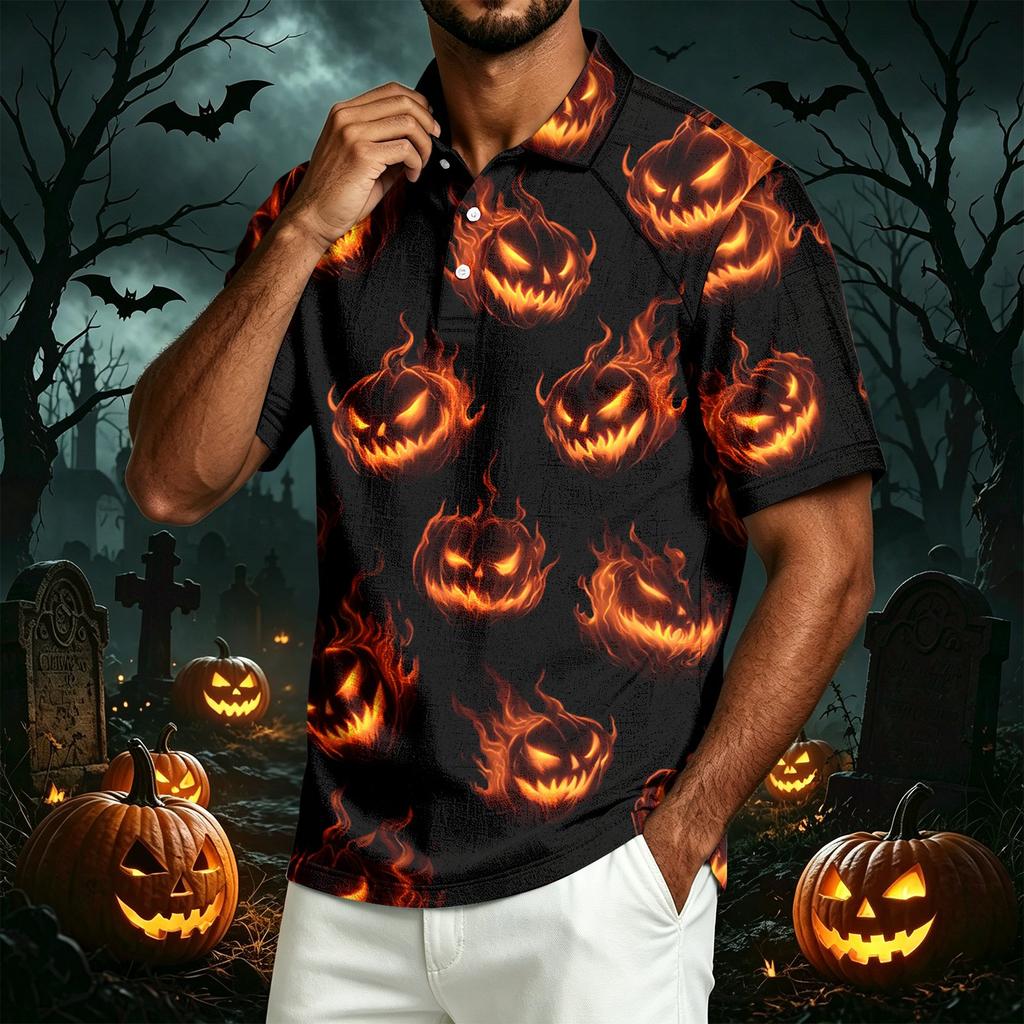 Men's Casual Lapel Lightweight Cotton Linen Breathable Short Sleeve Shirt with Halloween Pumpkin Print for Daily Wear