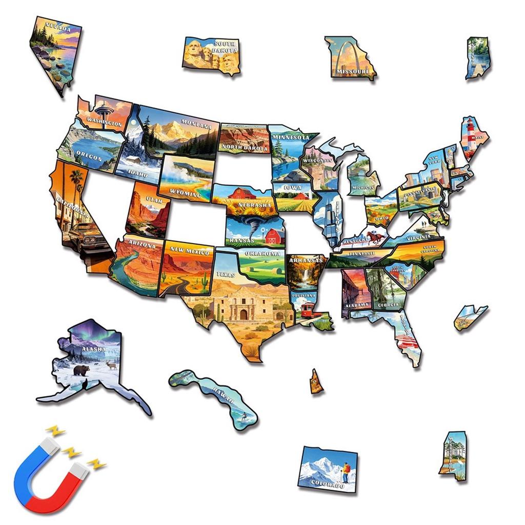 Magnetische Puzzle-Sticker mit den 50 Bundesstaaten der Vereinigten Staaten, mit Reisebezug . PVC Magnetische Puzzle-Aufkleber.