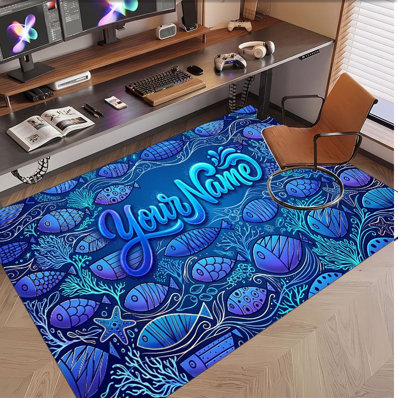 Fish Ocean Theme Soft Crystal Velvet Rug Custom Name & Text Print Non Slip Floor Rug for Bedroom Living Room