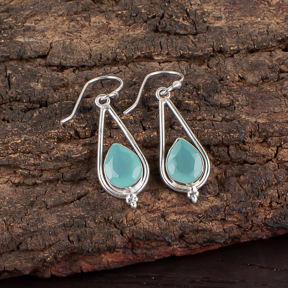 Aqua Chalcedony Gemstone 925 Sterling Silver Handmade Jewelry Earrings 1.50" EE-14-17