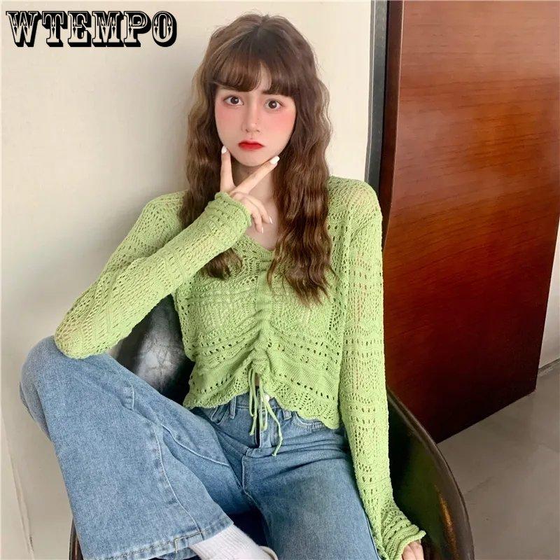 Topuri tricotate pentru femei în stil coreean, primăvară, vară, cu decolteu în V, cu șnur, plisate, scurte, de culoarea bomboanelor