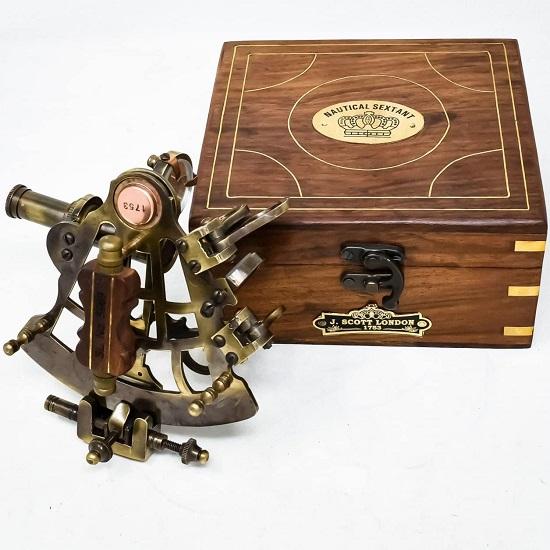 Brass Nautical Sextant  J Scott Replica with Hardwood Box Marine Instrument