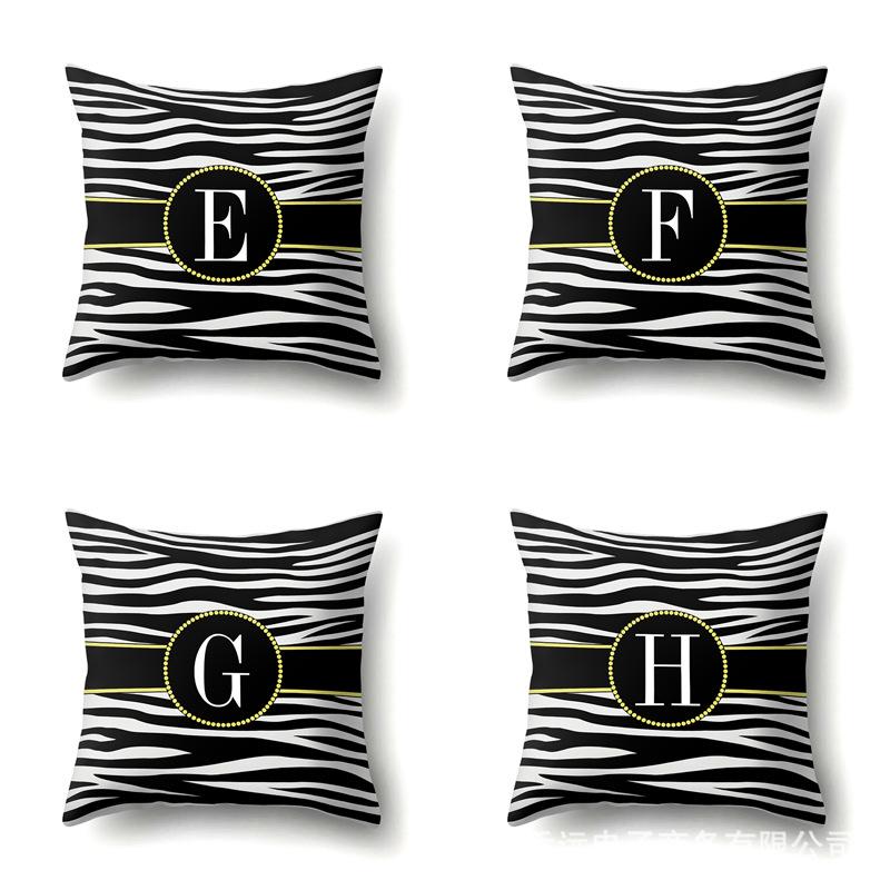 Polyester Pillowcase Zebra Pattern Printing Home Decoration Pillowcase 26 English Letter Cushion Cover Black and White