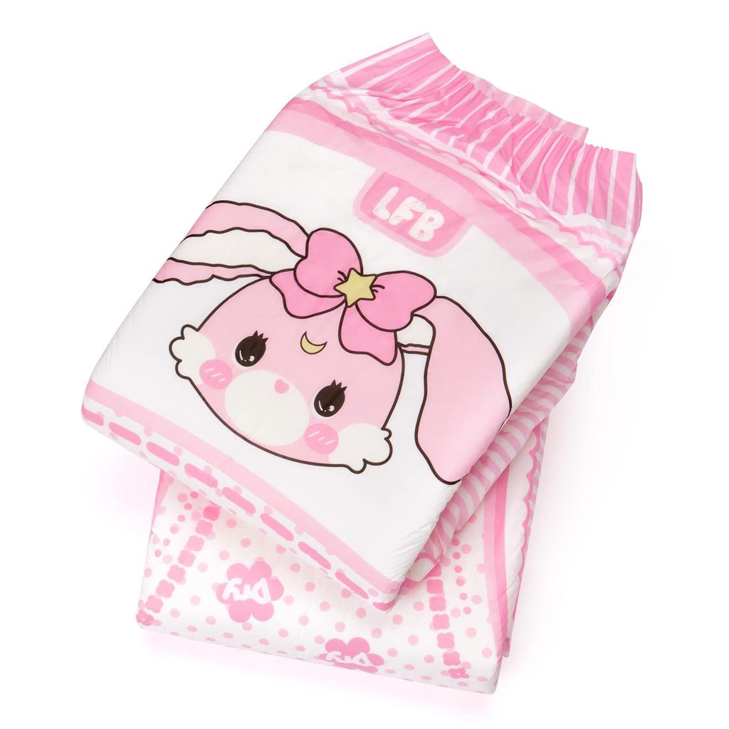LittleForBig Adult Diaper Cute Baby Rabbit Disappearing Flower Size L Pants, Design, Print, Pink, 2-Pack,