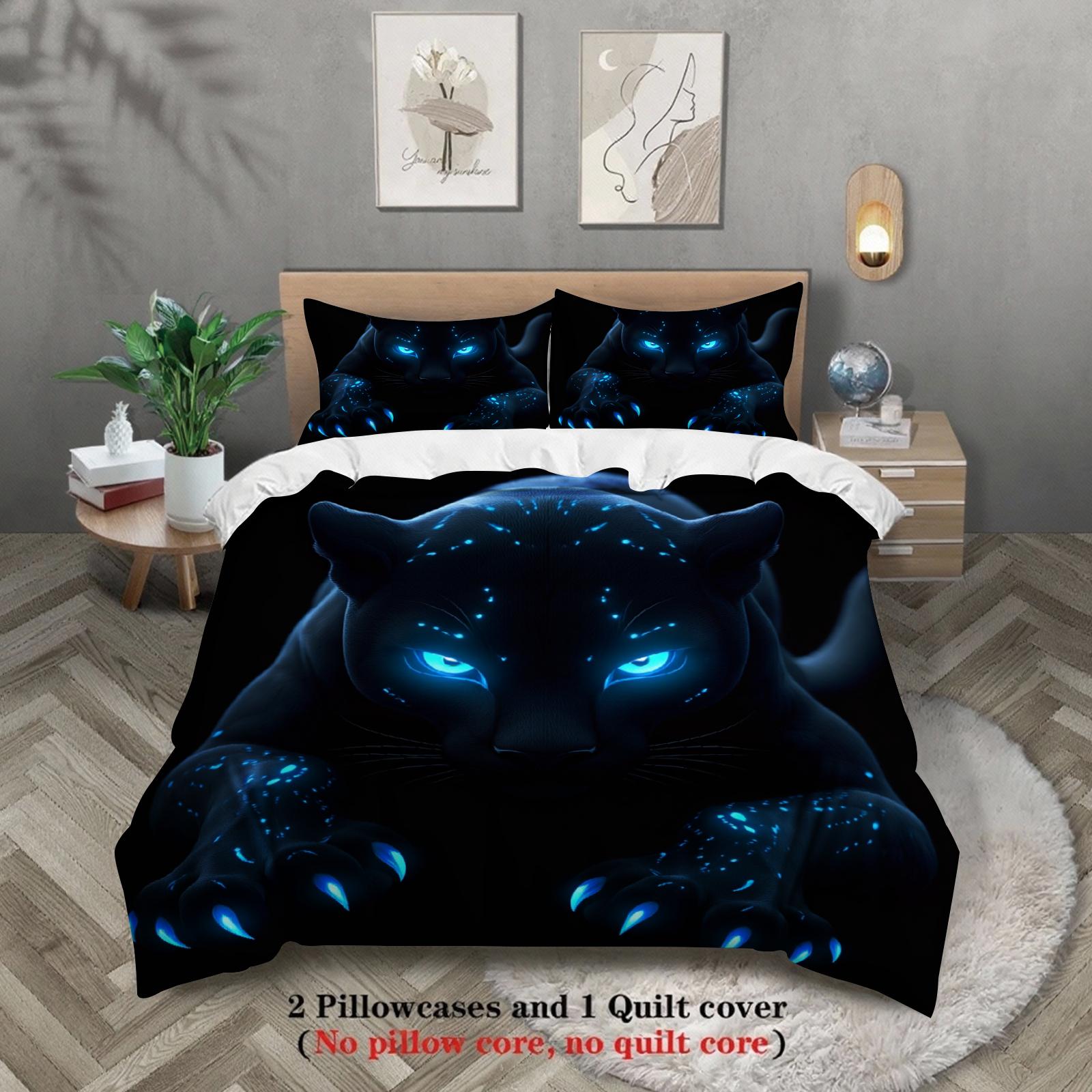 

3pcs Panther Bedding Sets 3D Printed Blue Glow Animal Breathable Easy Care Durable Duvet Cover Sets With Pillowcases No Filling US Twin(172x218cm)