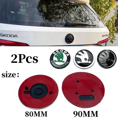 2025 New 2Pcs 80MM/90MM 3D Car Emblem Badge Hood Front Rear Trunk Logo For Skoda Fabia 1 2 Octavia A7 RS Superb Rapid Yeti Karoq