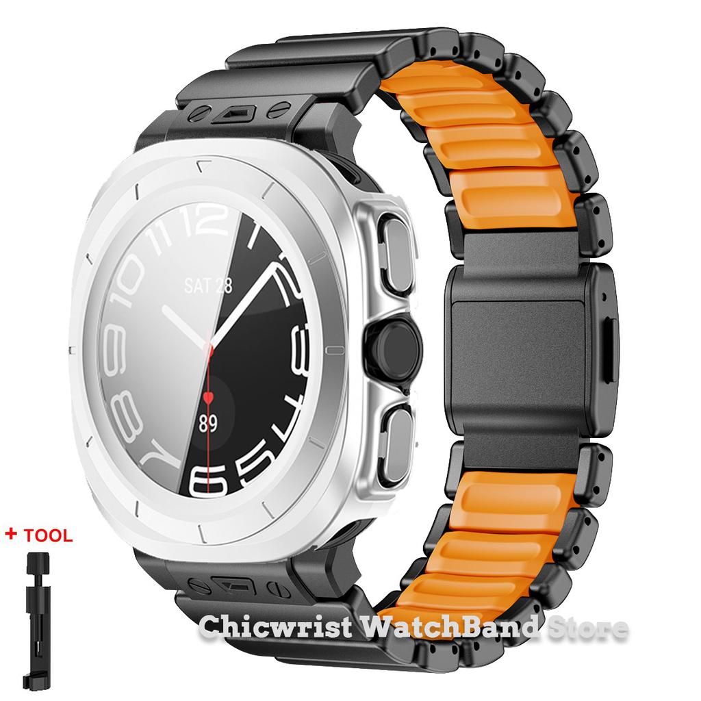 Armband+Hülle für Samsung Galaxy Watch Ultra 2025/7 ultra Edelstahl Gummiarmband Gehärtetes Glas Displayschutz Hülle aus Hart-PC