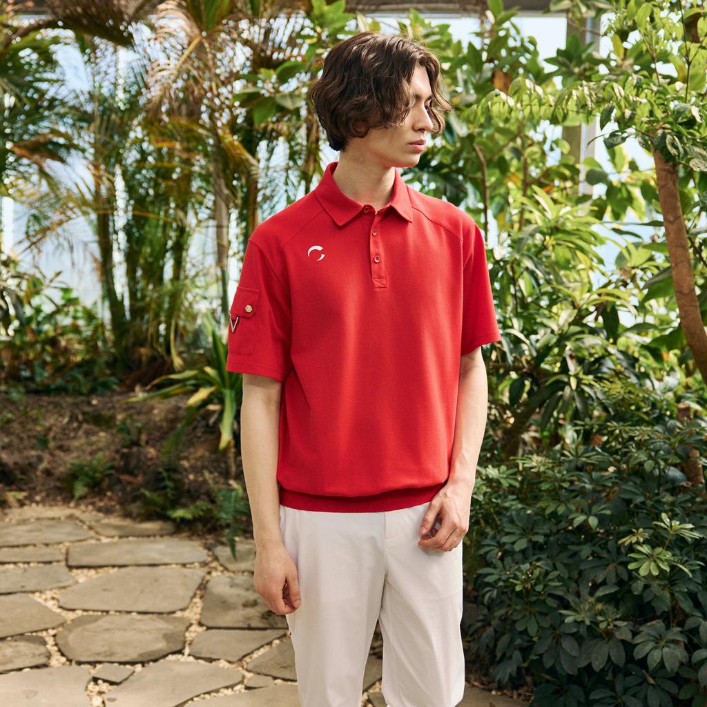 CHALLENGER Men'S Pq Blouson Raglan Cut-Out Short Sleeve Collared T-Shirt Red