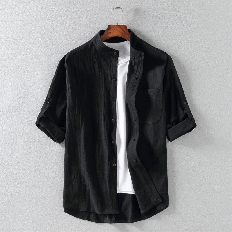 Men's Summer Stand-up Collar Linen Five-minute Sleeve Shirt Large Size Solid Color Loose Casual Tops