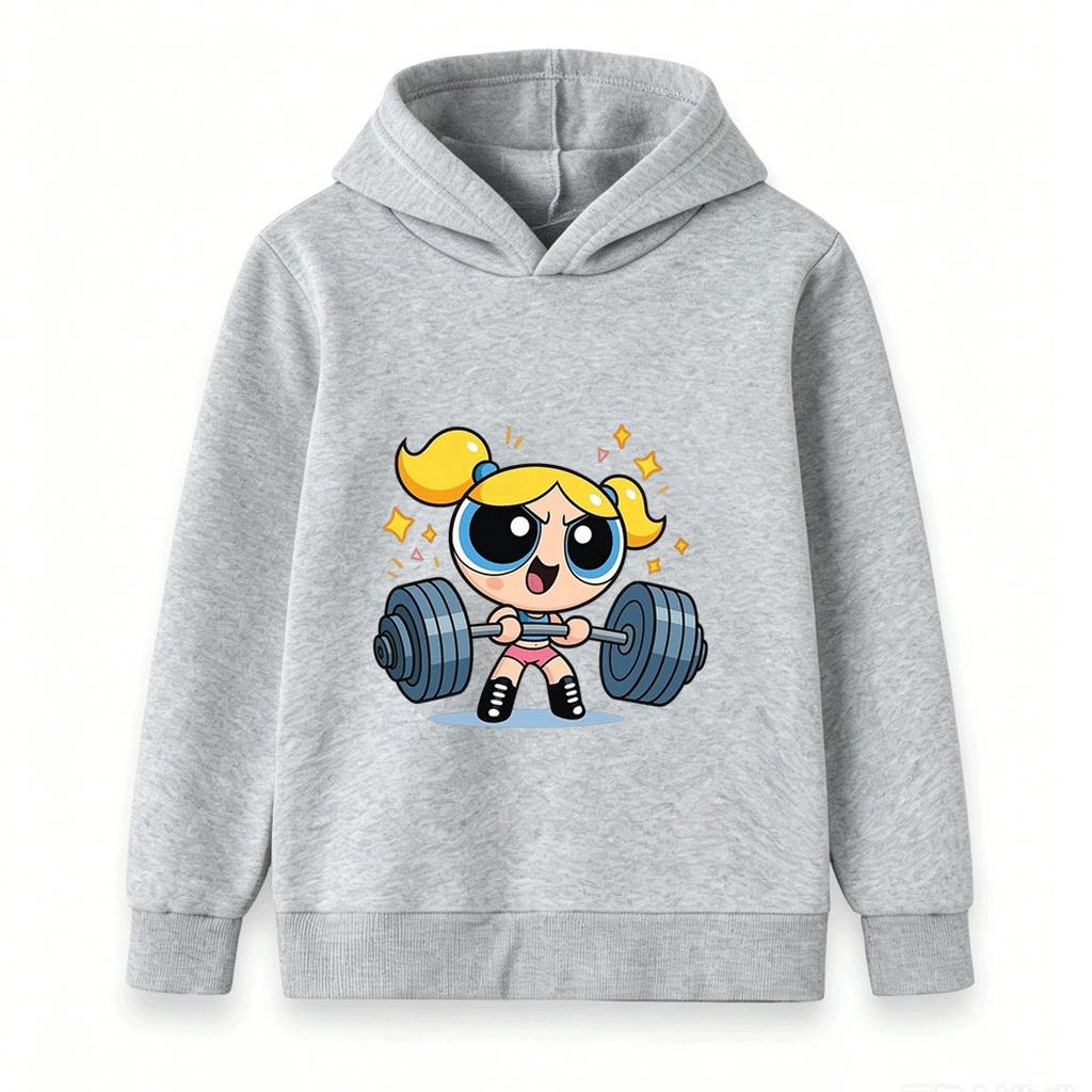 Kids Boys Girls Pullover Hoodie, Cute Bubbles Powerpuff Weight Lifting Cartoon Print Casual Soft Hooded Sweatshirt for Children Daily Wear