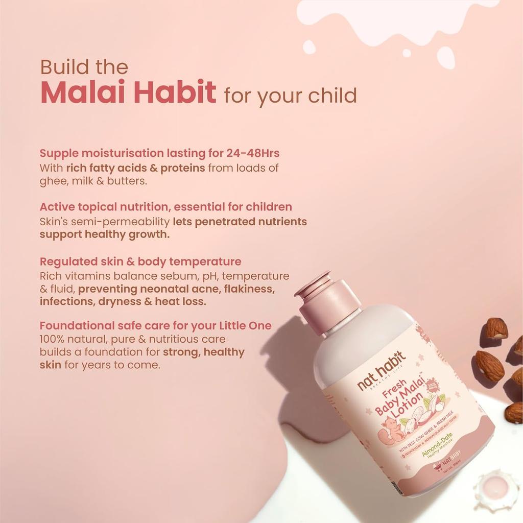 Nat Habit Baby Malai Lotion Almond And Date Daily Moisturizer For Deep Hydration And Gentle Skin Barrier Protection 200ml