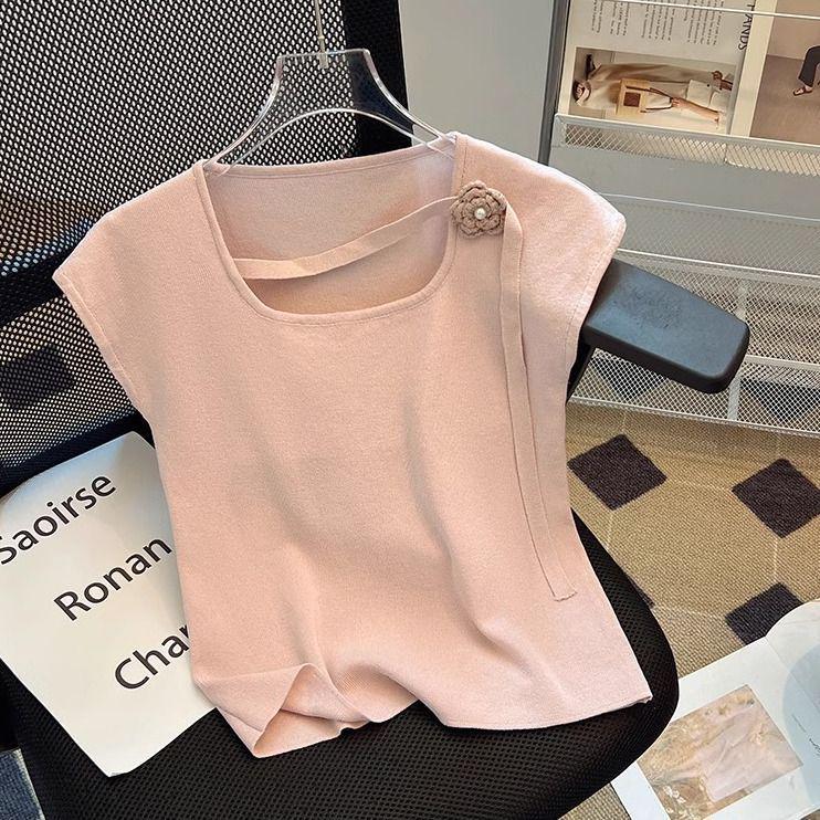 

Women s Slimming Square Neck 3D Floral T-Shirt - Summer Short Sleeve Top Medium