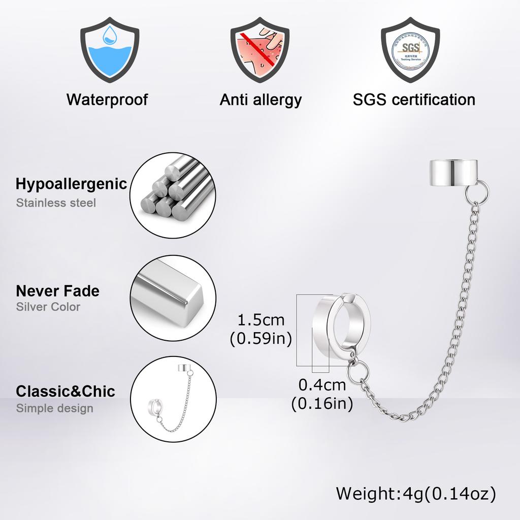 1pc Clip Earrings with Chain Stainless Steel for Women Men Punk Tassel Hoop Ear Cuffs Painless Non Piercing Fake Earring Jewelry