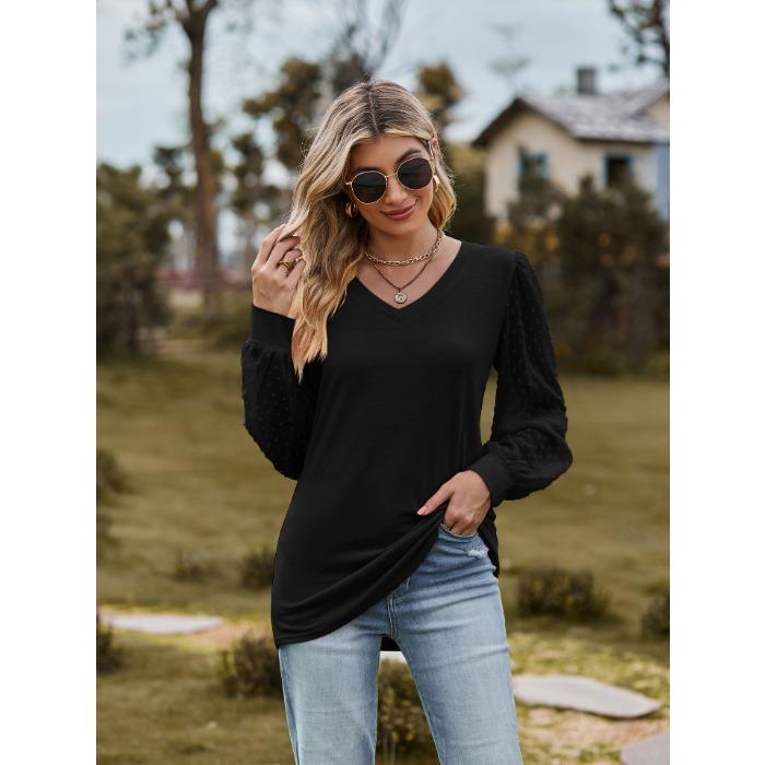 Jarní a podzimní dámská halenka Tričko s dlouhým rukávem Jednobarevné Výstřih do V Jednoduché Topy ze síťoviny