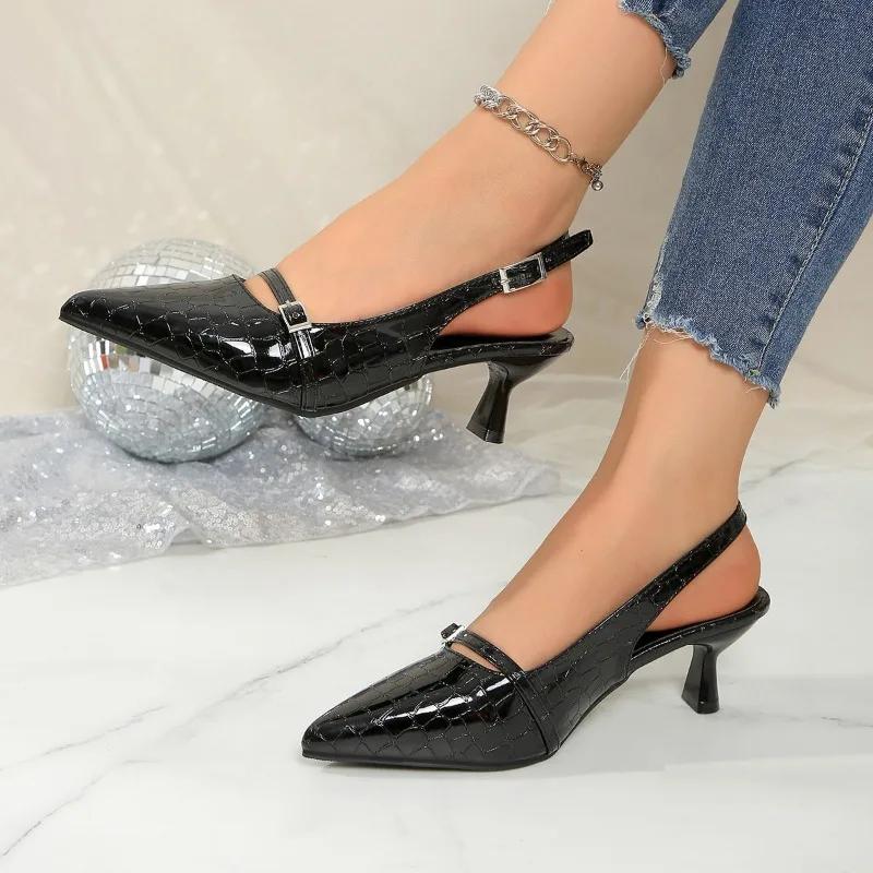 Fashion Shoes for Women 2025 Elegant Temperament Black Pointy Kitten with Fine Heel One-line Buckle Buckle Female Summer Heeled Sandals