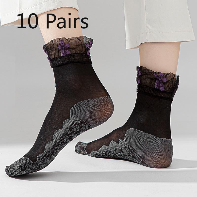 10 Pairs of Women's Summer Thin Floral Lace Cotton Bottom Loose Mouth Breathable Non Slip Socks