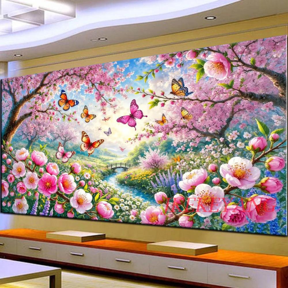 DIY Fantasi Vakker Vår Ferskenblomster Landskap Full Diamantmalingssett Ny 5D Korssting Mosaikk for Slående Kunst