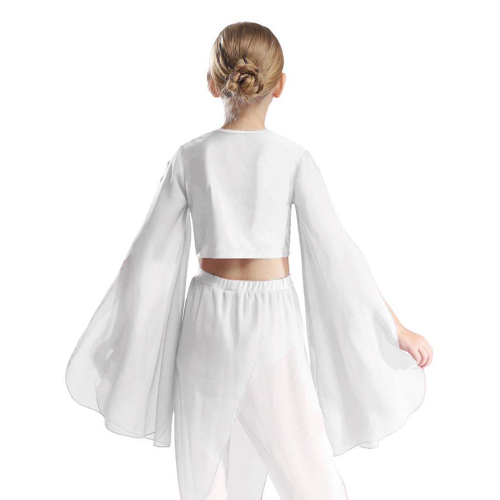 Girls Classical Dance Crop Top: V Neck Split Flared Sleeves Elegant Top for Practice Performance