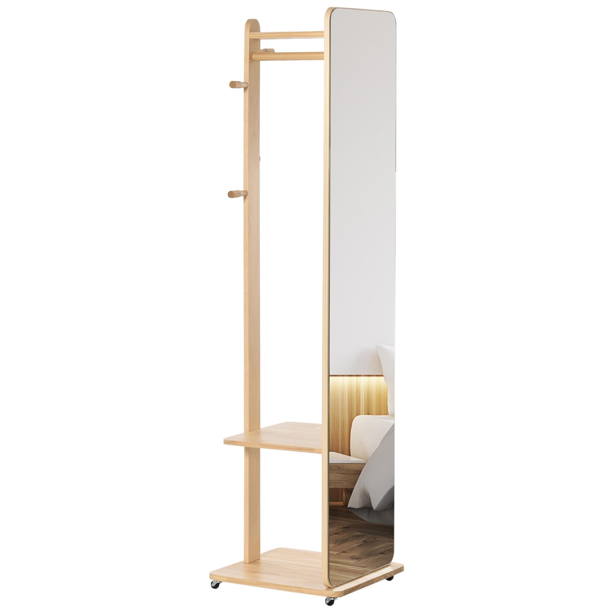 Miroir sur pied à roulettes   Porte-manteau 4 crochets Étagère en MDF Finition bois clair