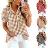 Women Plaid Print Blouse Ruffled Collar Short Sleeve Button Down Casual Shirt