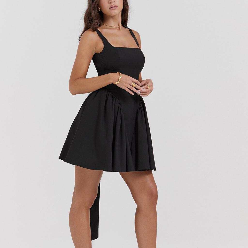 Modisches, einfarbiges, ärmelloses Kleid mit Schmetterlingsknoten und offenem Rücken für Damen