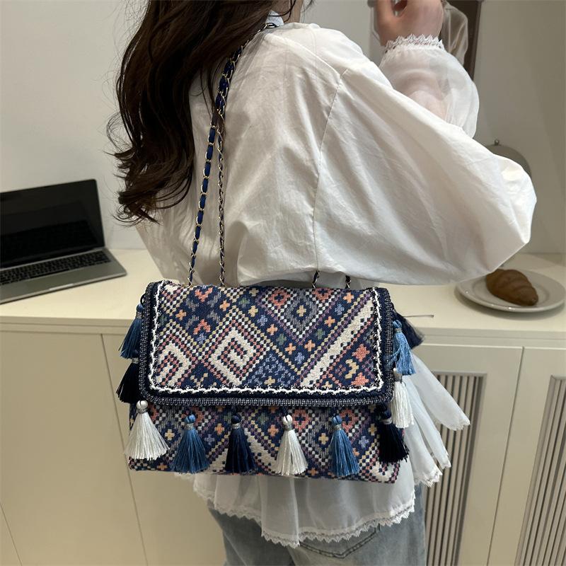 Ethnic Embroidery Canvas Women's Crossbody - Printed Large Capacity Vintage Tassel Mini Ladies Wallet