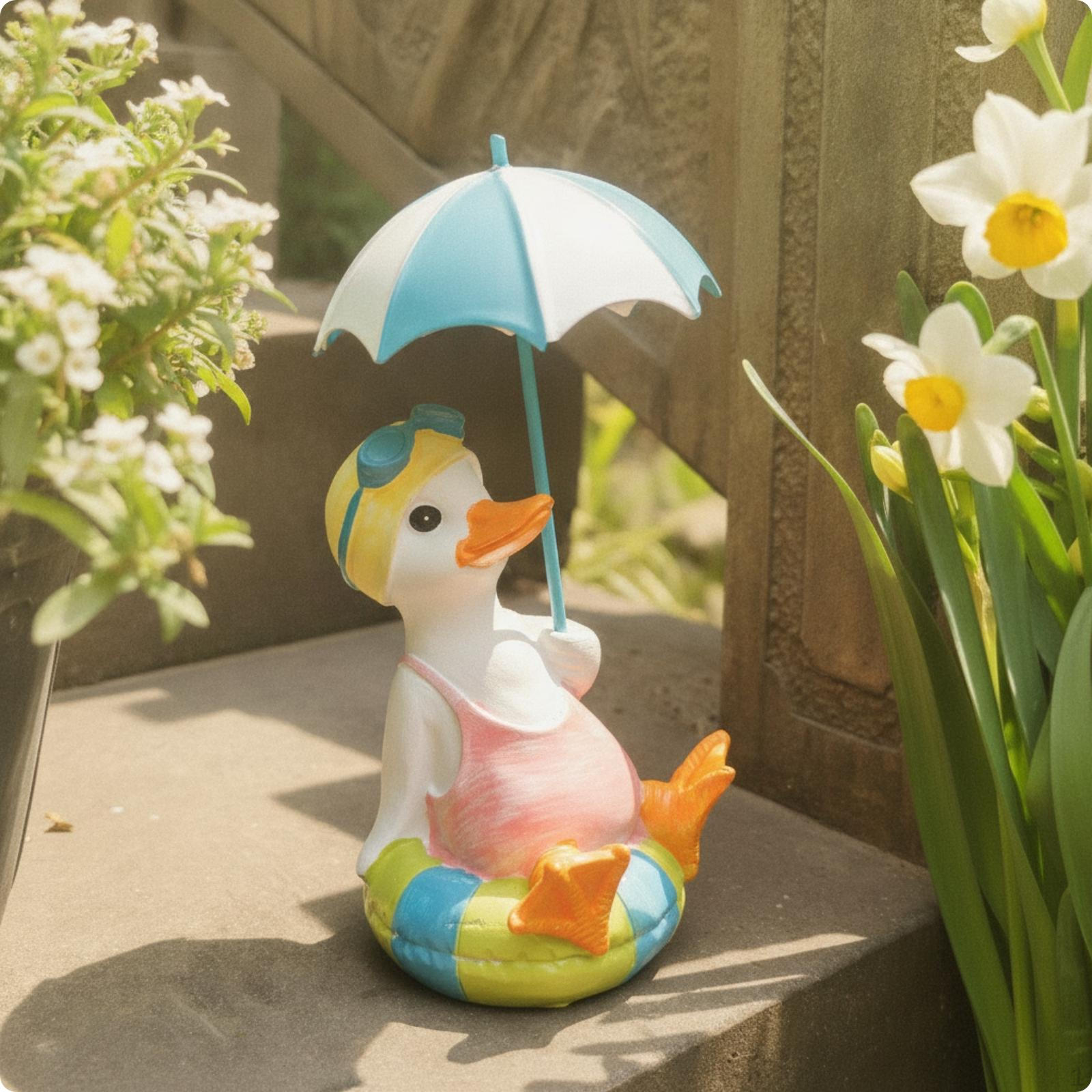 Duck Figurine with Umbrella Decorative Small Garden Ornament for Courtyard,