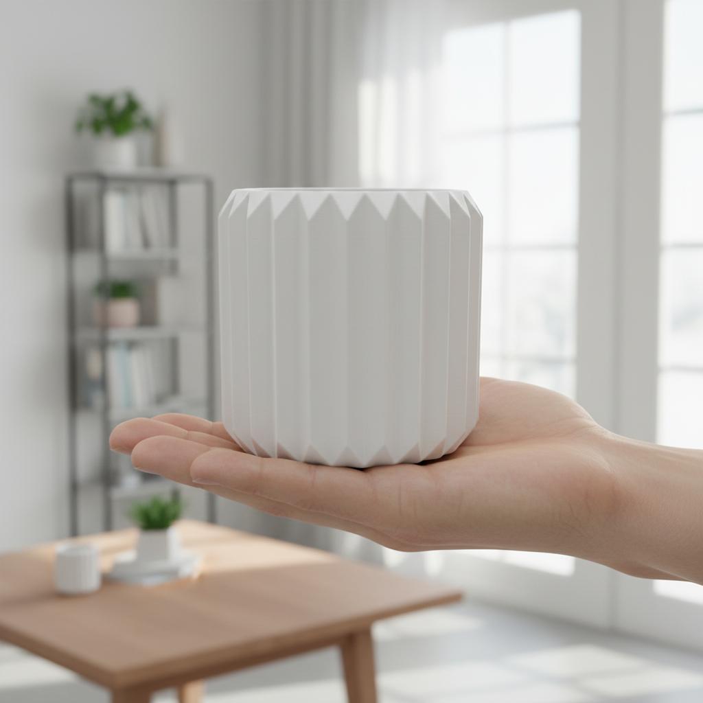 Modern white triangular grooved flowerpot for plants