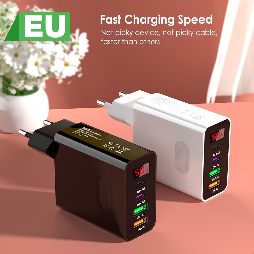 USB Multi-Port Charging Head with Digital Display, EU/UK Standard, 2PD+2U Ports, 3.1A Mobile Charger
