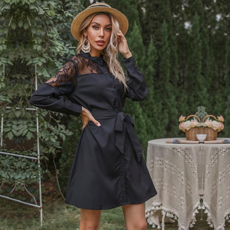 YYFS Vestidos casuales de cintura alta con cuello alto y manga larga con estampado de encaje vintage para mujer