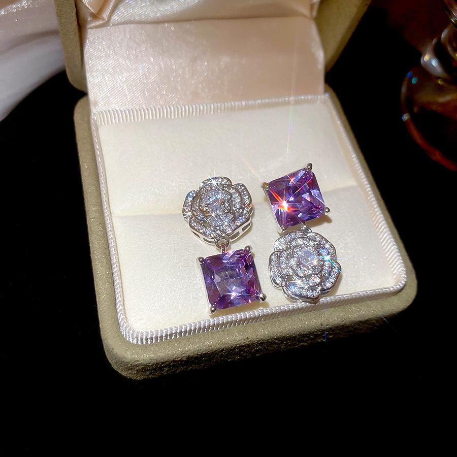 French Court Style Silver Needle Zircon Rectangular Earrings Exquisite Light Luxury High-end Stud Earrings Exaggerated Earrings Women