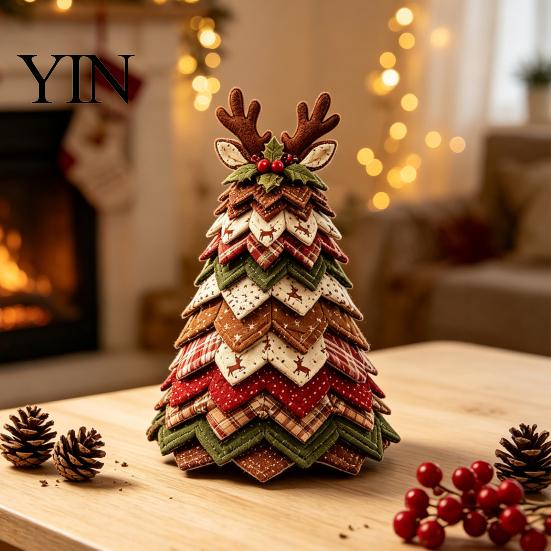 Christmas Garden Ornaments DIY Quilted Tree Kit, Handmade Fabric Tabletop Decoration, Home Holiday Ornament Collection Festive Craft Project