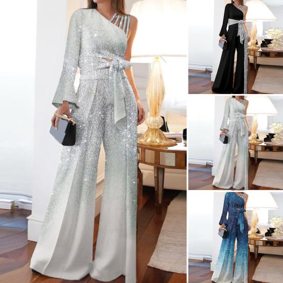 Breathable Bandage 2pcsset Noble Trendy Bowknot Glitter Trim Elegant Women Outfit Blouse Pants Set