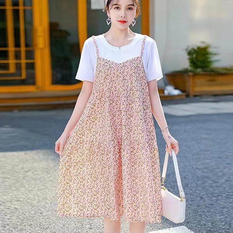 Maternity Clothes New Dress Floral Zou Ju Spring and Summer Thin Fake Two Loose Large Size Medium and Long T-shirt Skirt