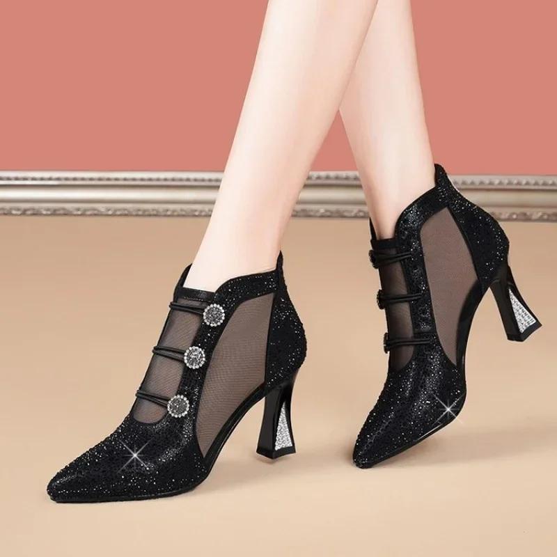 Fashion Rhine-drill High Heel Mesh Cool Boots 2025 Spring/summer Pointy High Heels Fashion Mesh Boots Women's Hollow Sandals