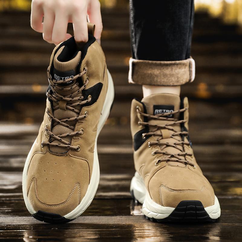 New Outdoor Leather Waterproof Mountaineering Shoes Men's Non-slip Walking High-top Sneakers Women's Thick Soled Daddy Shoes