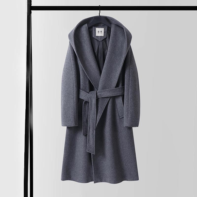 Winter Wool Cashmere Hooded Bathrobe: Long, Cozy, Belted Outerwear Coat Without Buttons