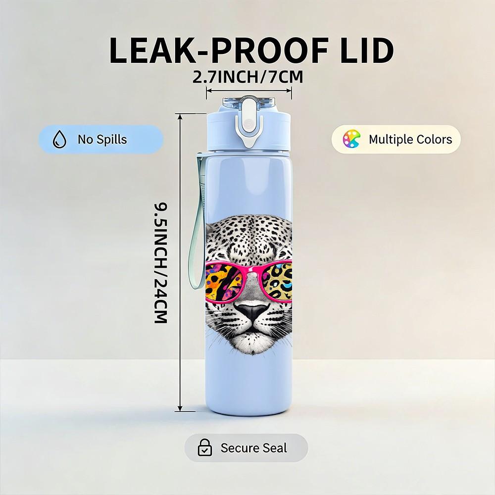 1PC Fashion Sunglasses Leopard Cat Print 750ml Color Plastic Sports Water Bottle Leakproof Flip Straw Lid Suitable for Sports Office Home Use