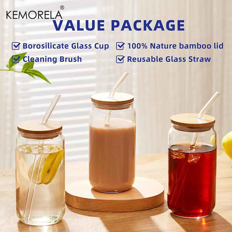 1/4PCS 400ML Glass Cup With Bamboo Lids and Glass Straw Cleaning Brush Beer Can Shaped Tumbler Cup for Cocktail Iced Coffee Cups