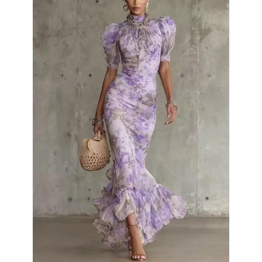 YYFS Women's Fashion Summer Spring Flower Pattern Print Short Sleeve High Neck High Waist Casual Dresses